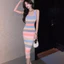2026 Phong Cách Mới Mùa Hè Cầu Vồng Sọc Sling Đầm Tính Khí Eo Hẹp Ôm Cổ Vuông Nóng Cô Gái Skinny Hông Váy