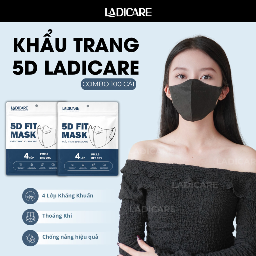 [Thùng 100Cái] Khẩu trang 5D Mask Ladicare cao cấp, lọc bụi PM2.5, kháng khuẩn, form vừa vặn, êm ái