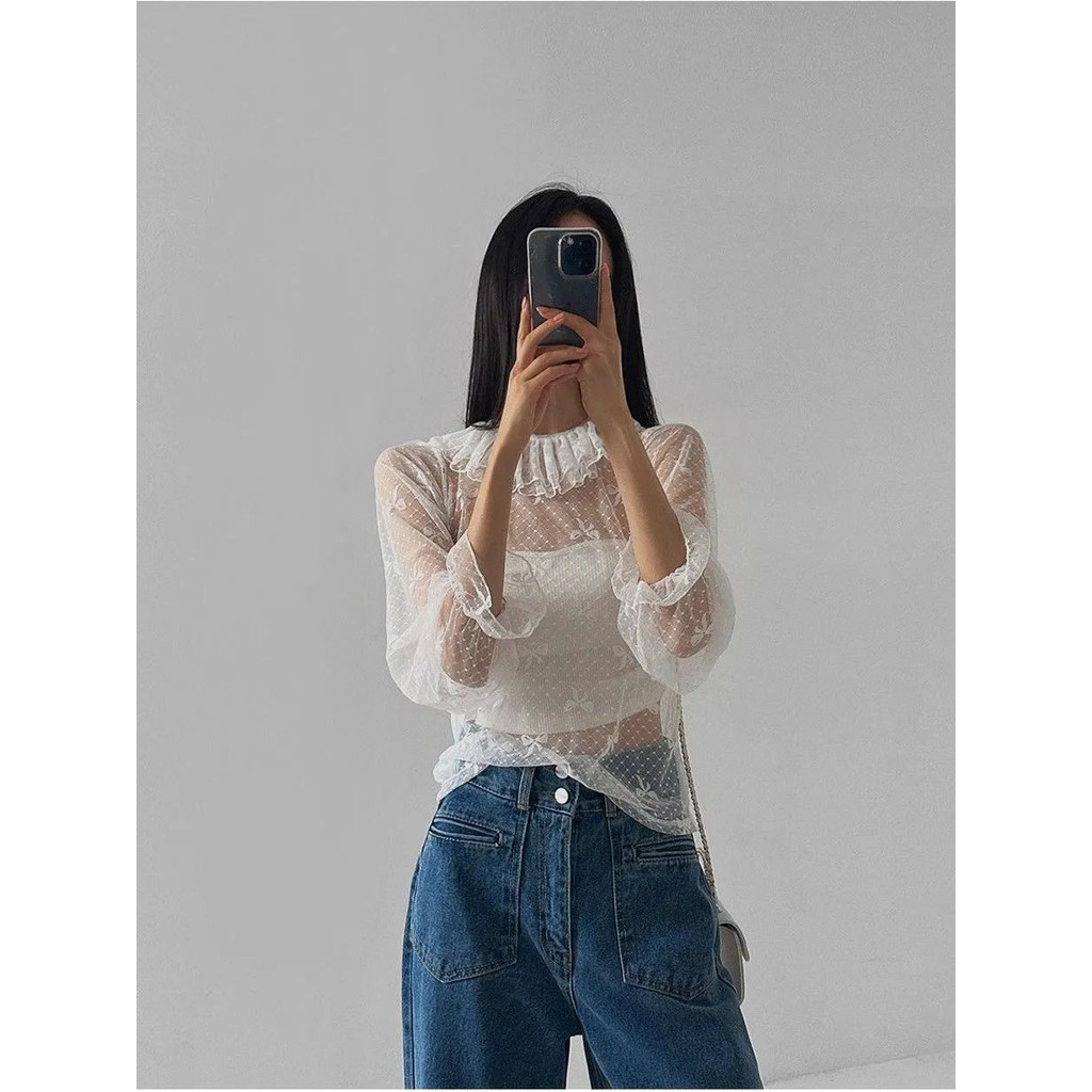 Milyfashion Rời Ren Dài Tay Đáy Nơ Mùa Thu Cổ Đôi