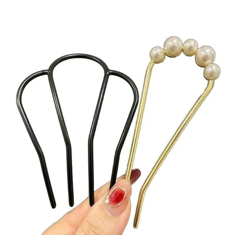 Kẹp tóc hình chữ U ngọc trai bốn gót chèn lược - Dụng cụ tiện lợi để cố định và làm đẹp mái tóc