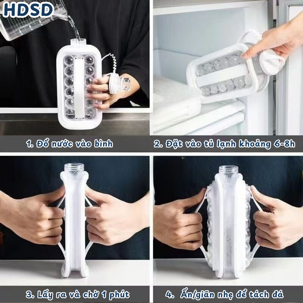 Bình Làm Đá Silicon Dễ Lấy Đá, Khuôn Đá Viên Tròn Dung Tích 1.2L, Bình Đựng Nước Làm Đá Có Nắp Quai Cầm
