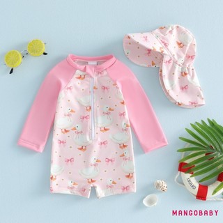 MG-Toddler Baby Girls Rash Guard Đồ bơi có mũ 2 chiếc Bộ nơ hoa ngỗng in hình nửa khóa kéo lên Đồ bơi dài tay
