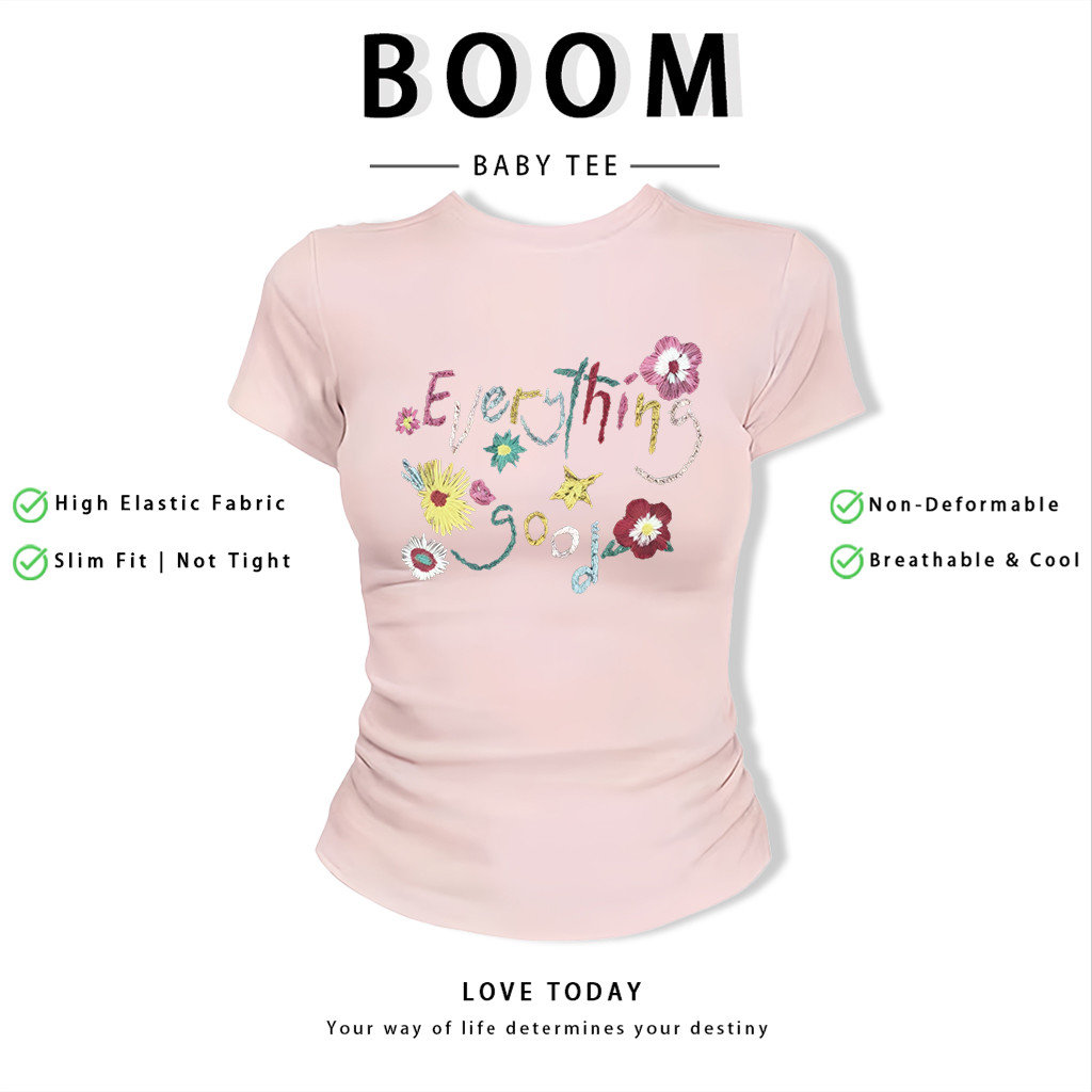 BOOM Áo Baby Tee Nữ Cotton Ôm Body-Áo Thun Ngắn Tay Y2K In Hình PhongCách Mùa Hè, Cổ Tròn Hàng Đầucách hàn quốc phongC47
