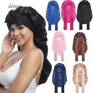 Nắp ca-pô nữ DELMER, Mũ ngủ dài mượt mà thoải mái, Mũ ngủ ban đêm có dây buộc nơ thời trang Satin có dây thun tóc xoăn tự nhiên