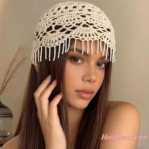 Mũ beanie đan móc dành cho nữ với tua rua đính cườm sang trọng Màu trơn rỗng Mũ đầu lâu thoáng khí nhẹ