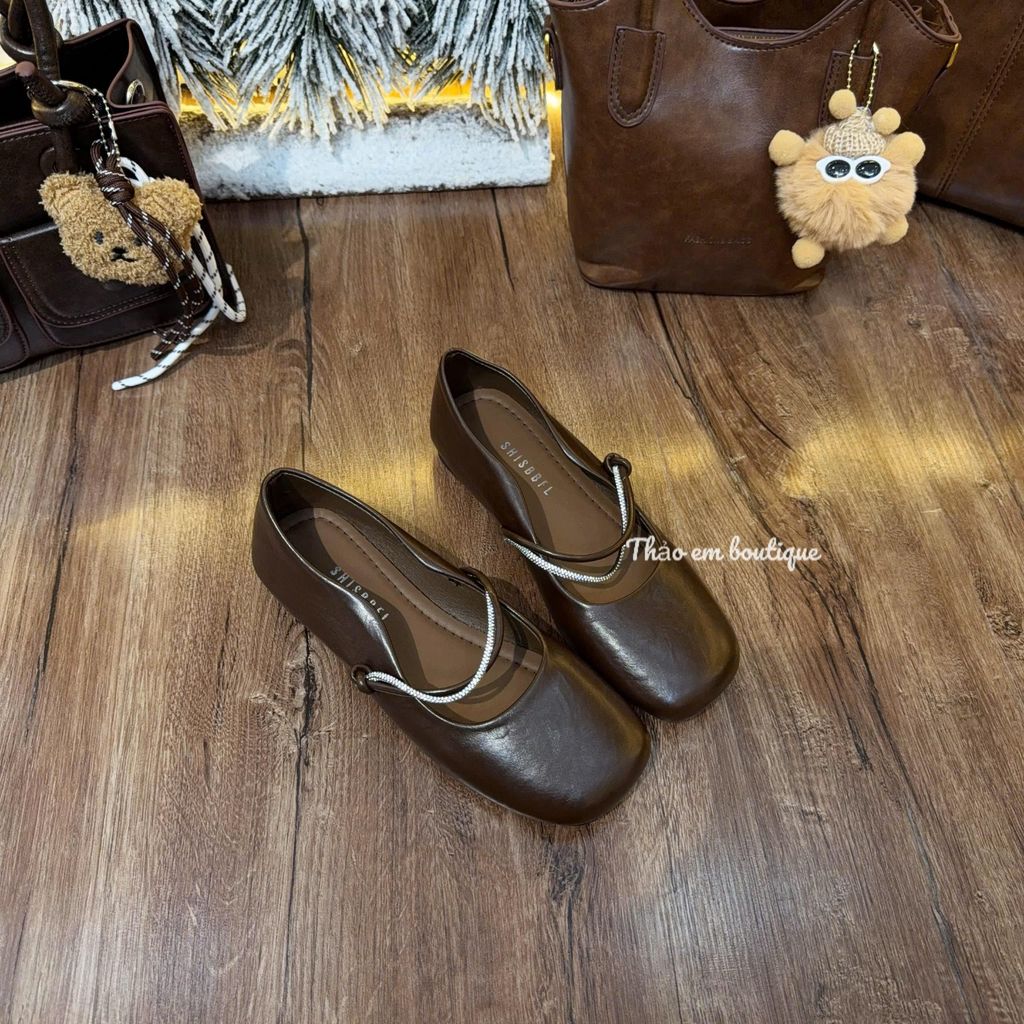 [Thảo Em - BB535] Giày búp bê marry jane mũi vuông  đế bệt da lì mềm 2 quai đính đá sang chảnh