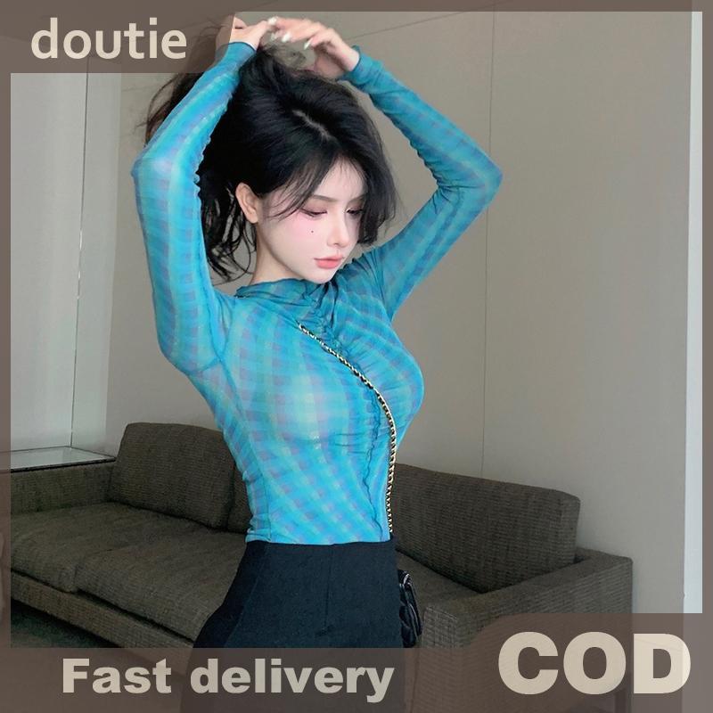 Doutie Áo Thun Cổ Tròn Tay Dài Thu Đông, Chất Liệu Lưới RetroSlim Fit