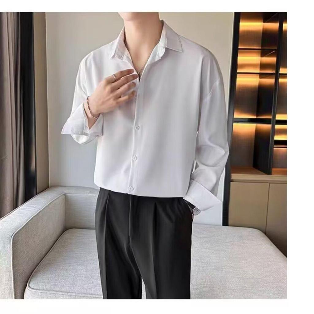 Drape Đen Ice Silk Áo Sơ Mi Tay Ngắn Nam Xù Đẹp Trai Mùa Hè Hợp Thời Trang Thường Ngày Rời Áo Sơ Mi Trắng Áo Khoác Top Chống Nhăn PI9I