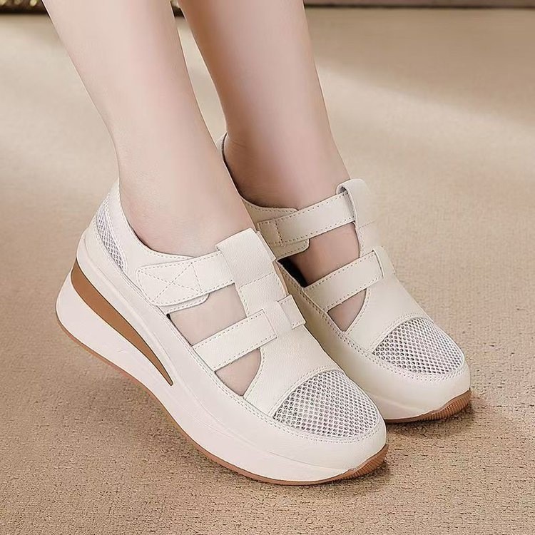 Nêm Gót Lưới Thoáng Khí Dép Nữ Mùa Hè Baotou La Mã Dép Đế Mềm Thoải Mái Giày Trắng RT0S