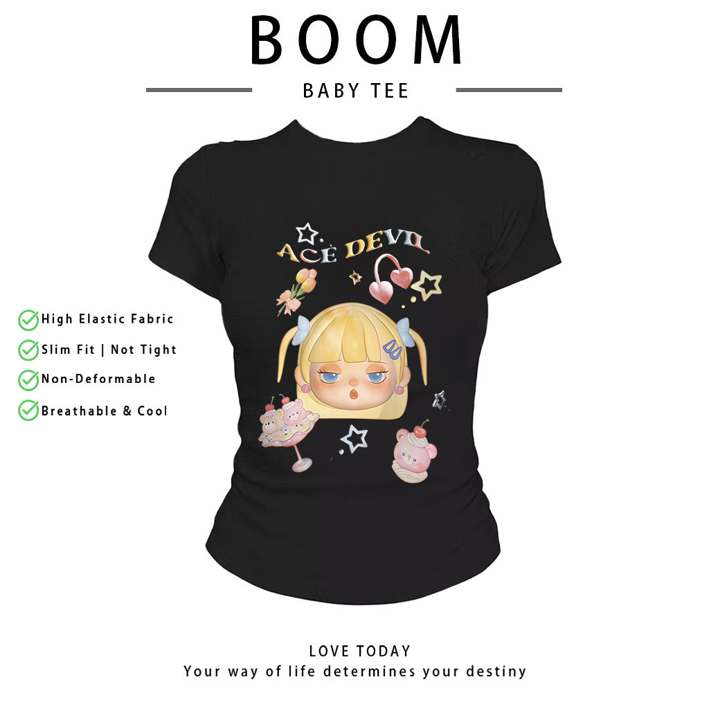 BOOM Áo Baby Tee Nữ Cotton Ôm Body-Áo Thun Ngắn Tay Y2K In Hình PhongCách Mùa Hè, Cổ Tròn Hàng Đầucách hàn quốc phongC41