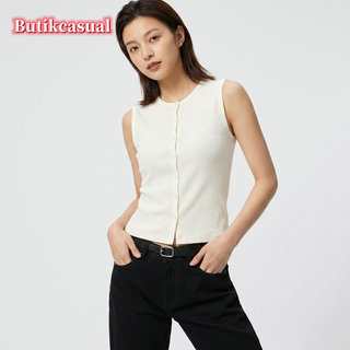 Phụ Nữ Nút Cotton Trước Tank Top Không Tay Slim Fit Thoáng Khí Thoải Mái Đen Mùa Hè 2026