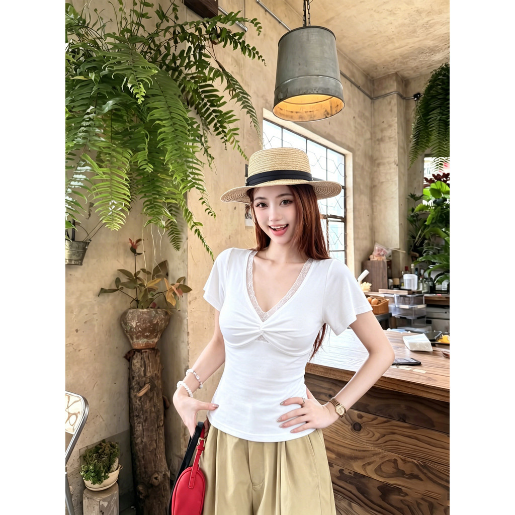 SUXI Áo thun ngắn tay cổ chữ V nhẹ nhàng dành cho nữ mùa hè mới 260513