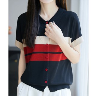 Dệt Kim Tay Ngắn Nữ Mùa Hè Phong Cách Mới Băng Lụa Bao Bụng Rời Áo Thun Đi Lại Đơn Giản Ve Áo Top 2026