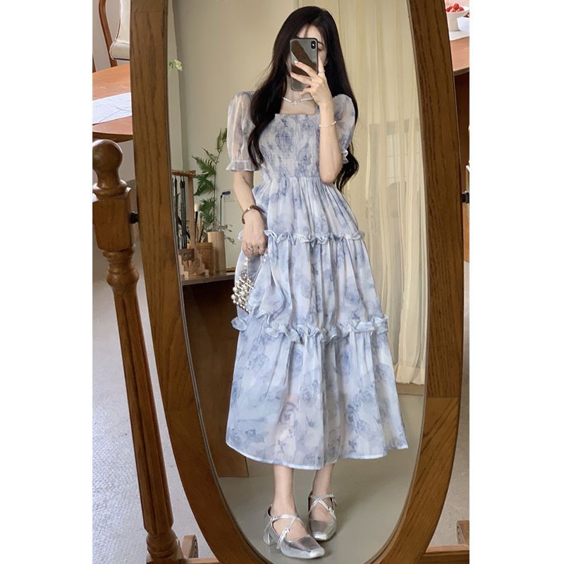 Size Lớn Pháp Phong Cách Nhẹ Nhàng Cổ Vuông Đầm Nữ Mùa Hè Phong Cách Mới Sang Trọng Váy Váy Váy Váy Váy Hoa Dài