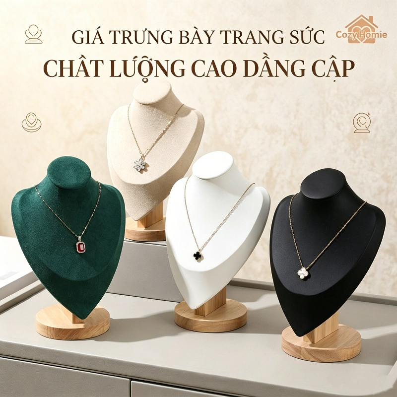 Giá trưng bày dây chuyền trên ma-nơ-canh, chất liệu nhung cao cấp, tượng bán thân, hộp trưng bày dây chuyền và bông tai.