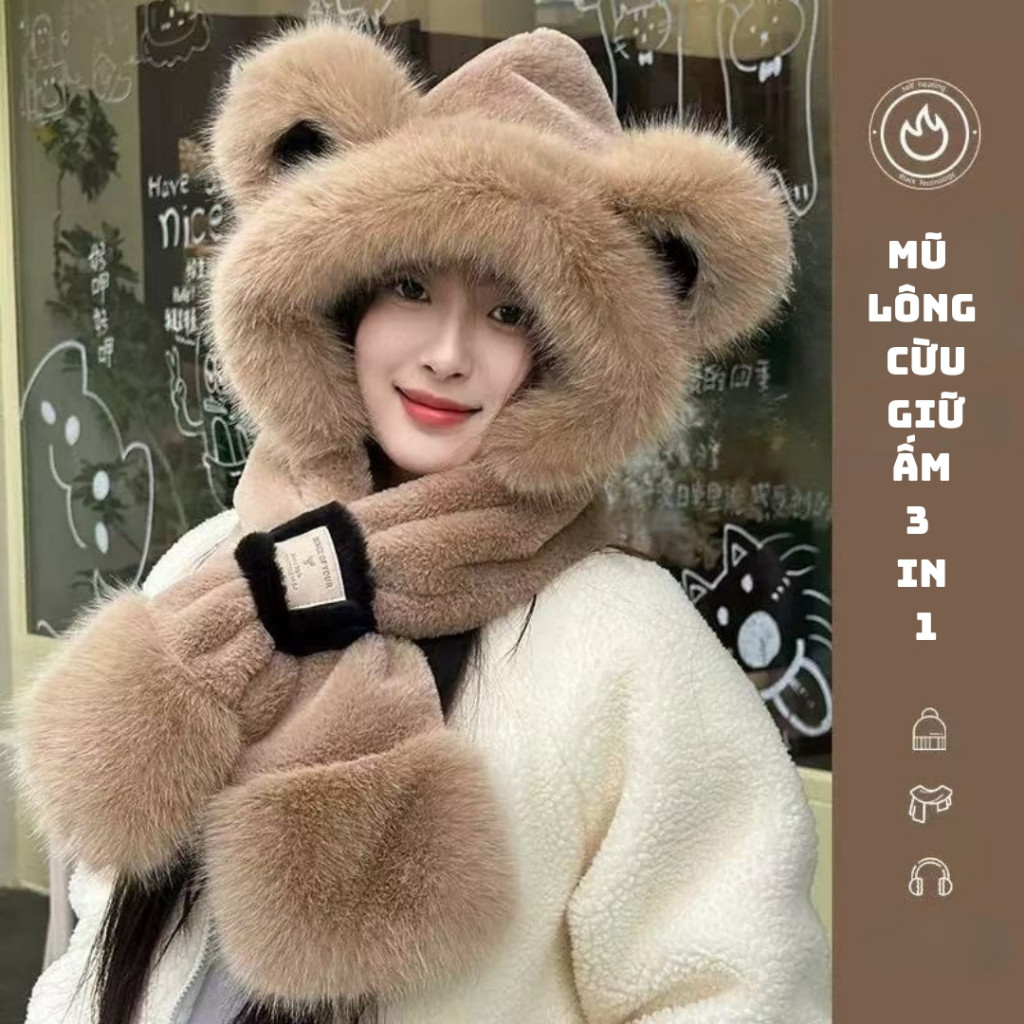 Mũ len nữ lông cừu dễ thương mũ len nữ trùm đầu kèm khăn quàng cổ giữ ấm thời trang