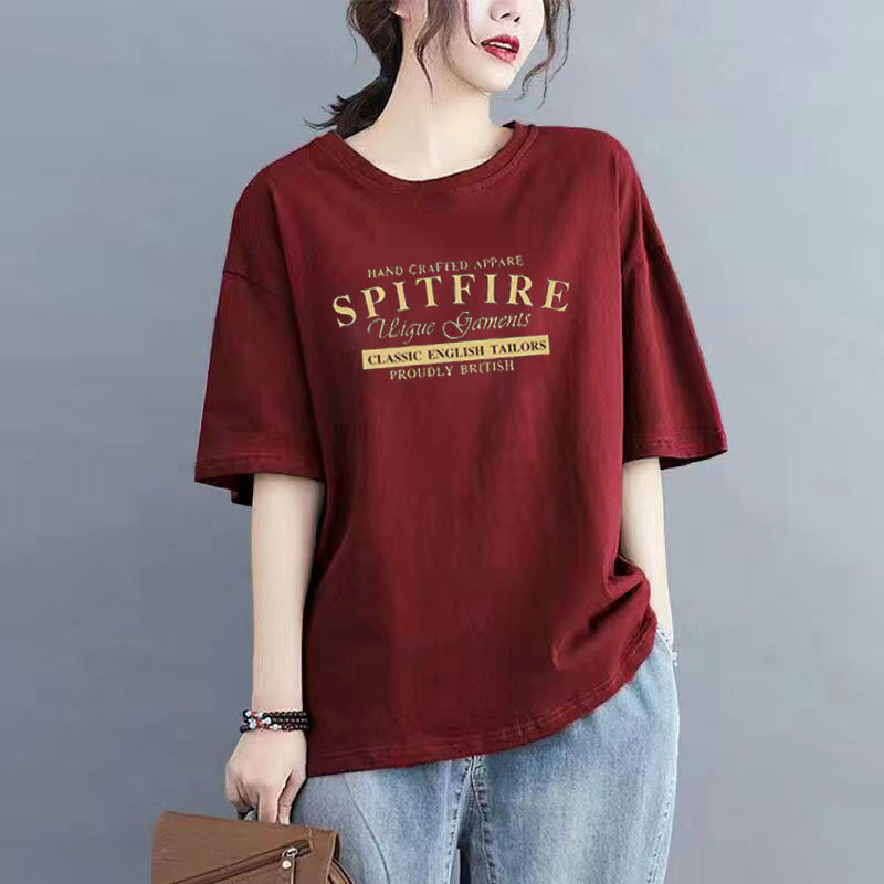 Áo thun bông cotton ngắn tay dành cho nữ, thiết kế cổ tròn dáng rộng, thời trang mùa hè