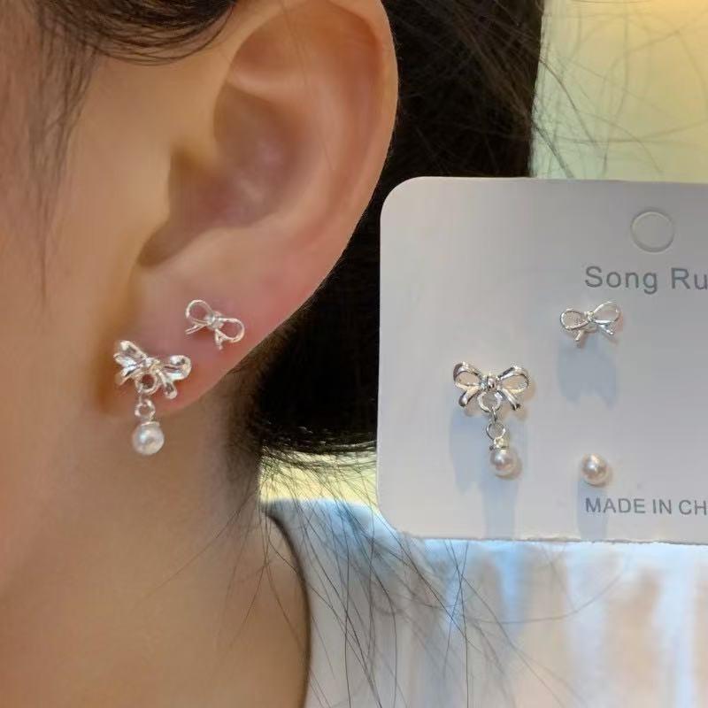 Bộ bông tai nơ ngọc trai thời trang 3 mảnh phong cách Hàn Quốc dành cho nữ Quà tặng ngày lễ
