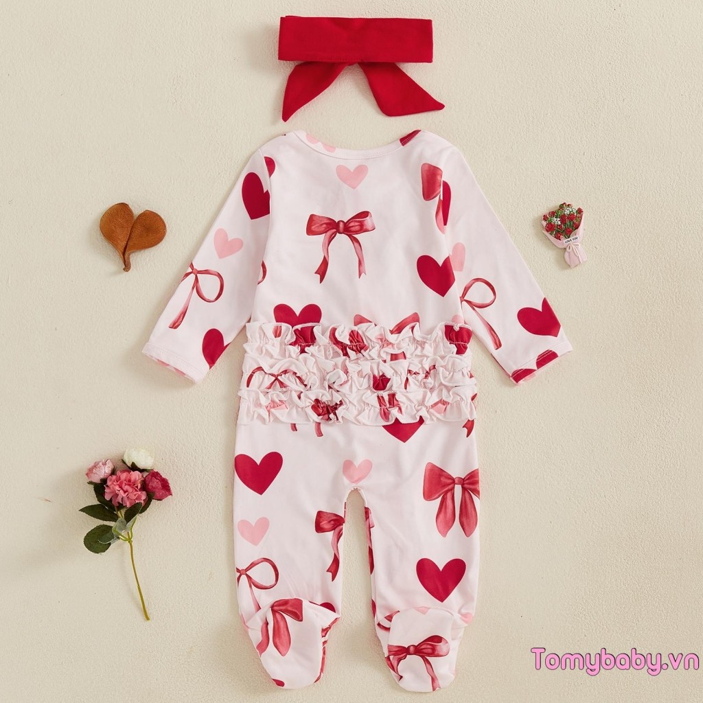Bộ áo liền quần dài tay cổ tròn in hình trái tim cho bé gái có băng đô