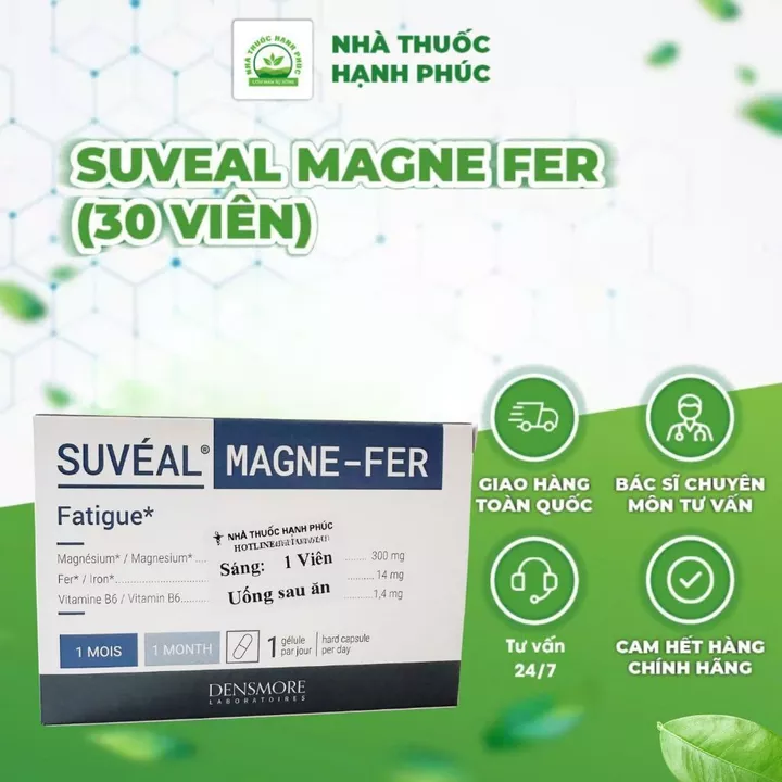 VIÊN UỐNG SUVÉAL MAGNE-FER DENSMORE – BỔ SUNG SẮT HỮU CƠ, MAGIE & VITAMIN B6 (HỘP 2 VỈ x 15 VIÊN)