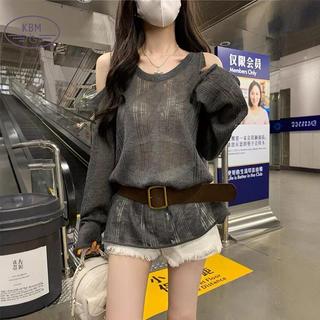 Áo thun dài tay thời trang rời vai, dệt kim, cổ tròn, có thắt lưng
