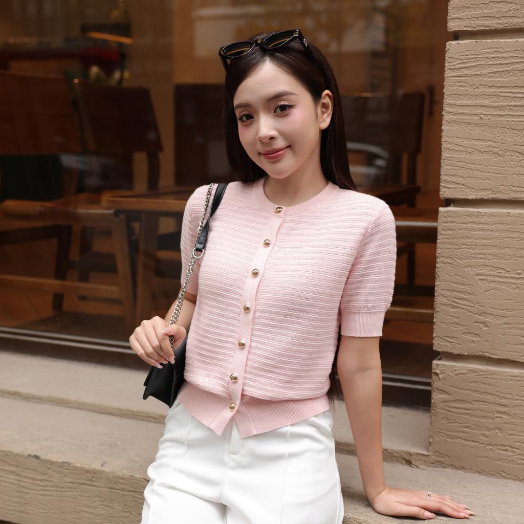 Áo Cardigan ngắn tay cổ tròn Cotton Dệt ngang PL07 MỊN VN form dáng vừa vặn