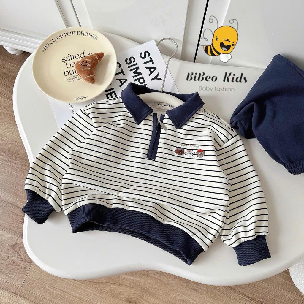 [BiBeo Kids] Bộ Quần Áo POLO THU ĐÔNG KẺ NGANG KÉO KHÓA cho bé trai ,Bộ quần áo dài tay cho bé