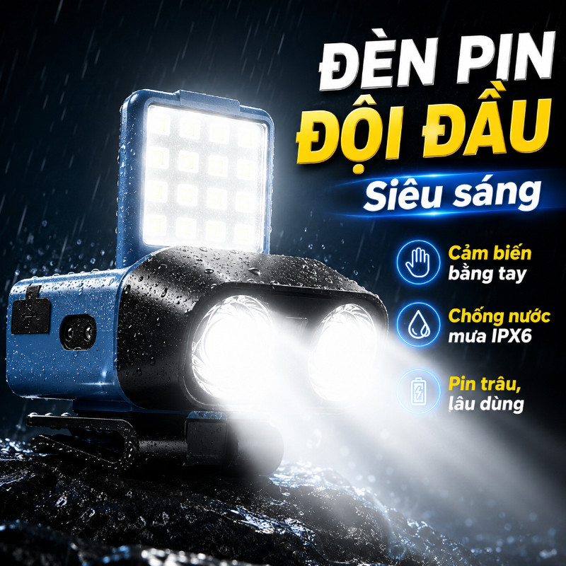 Đèn Pin đội đầu Siêu Sáng, Cảm Biến Bằng Tay, Chống Nước Mưa IPX6, Pin Trâu Thời Lượng Dài