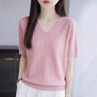Dệt Kim Tay Ngắn Nữ Ice Silk Mùa Hè Áo Thun Cổ Chữ V Phong Cách Mới Rỗng Mỏng Top