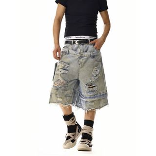 Quần short denim nam GKSSS Thương hiệu hợp thời trang Mỹ đục lỗ nặng chất lượng cao trung tính