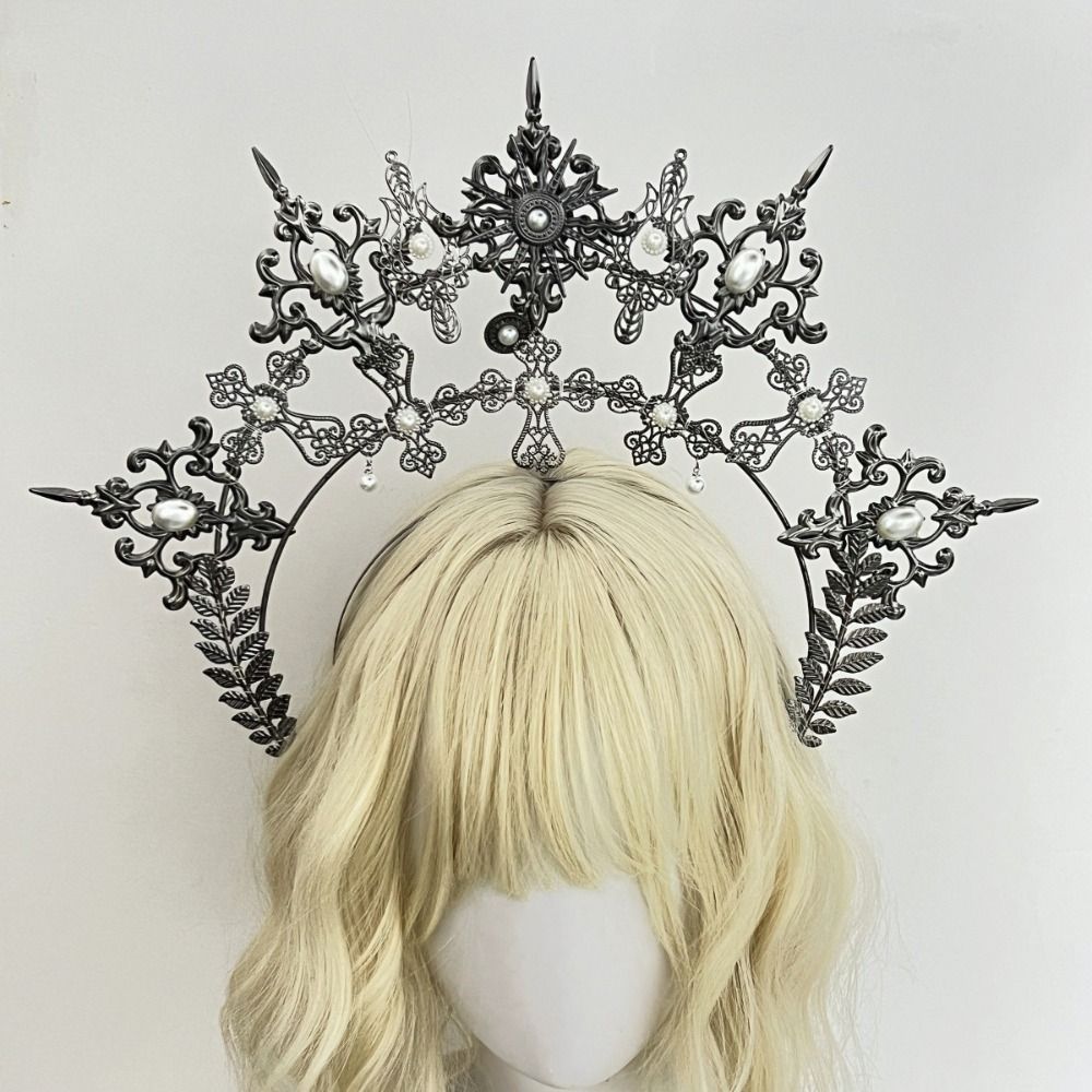 POYFOX Sun Goddess Crown, Chất liệu hợp kim kim kim loại dát ngọc trai giả Baroque Tiara Headband, Chi tiết chữ thập tinh tế Thiết kế gai nhọn mạ vàng