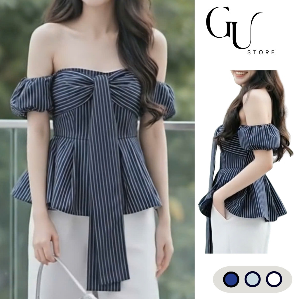 Áo trễ vai tay bồng (có mút ngực) dáng xòe thắt nơ to trước ngực phong cách sexy tiểu thư GU STORE