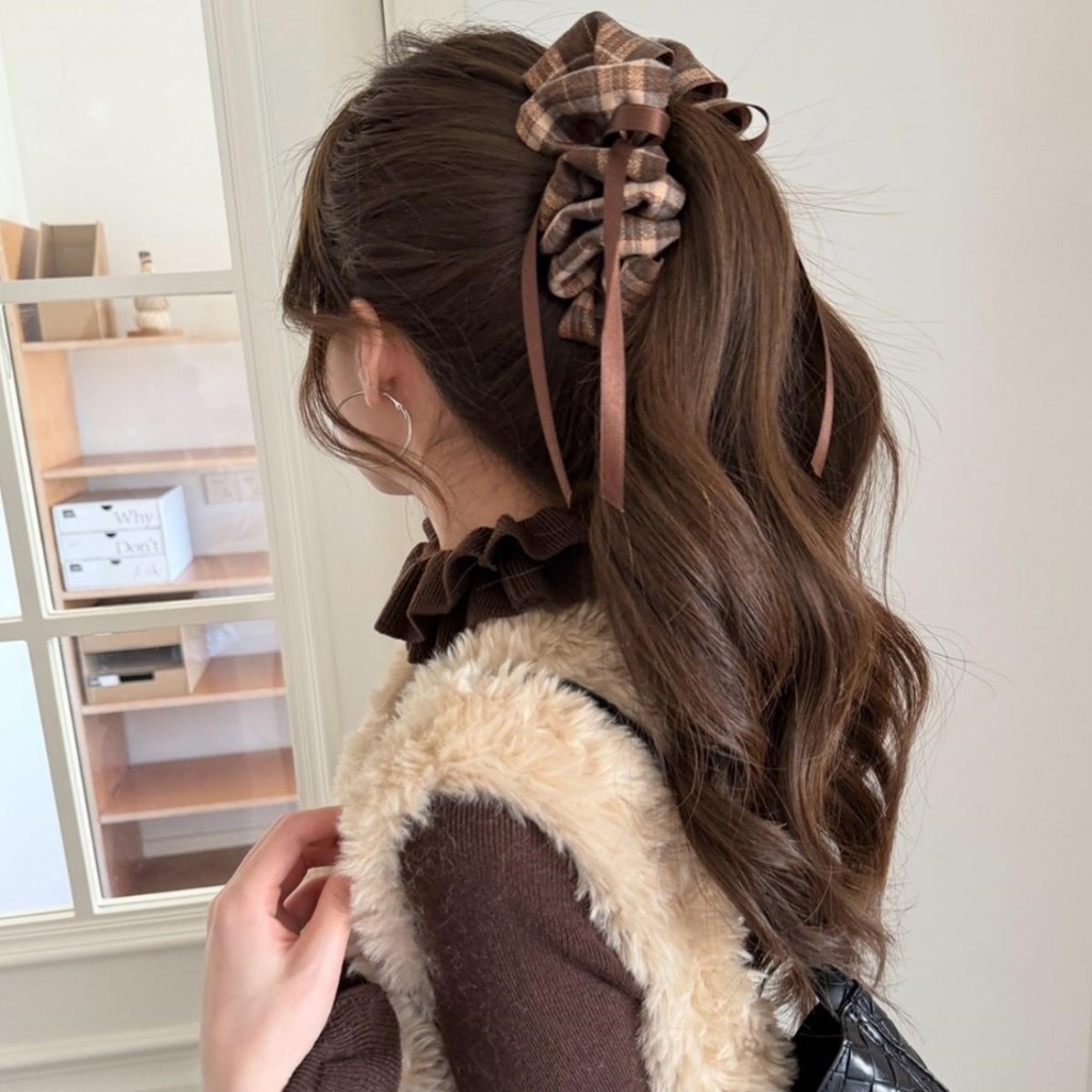 Kẹp Tóc Vải Kẻ Sọc Có Nơ - Phù Hợp Cho Season Thu Đông Và Streamer