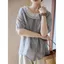 Cổ áo búp bê bằng vải lanh Cotton dáng rộng cỡ lớn nhuộm sợi hai lớp Áo sơ mi ngắn tay xếp ly hai lớp