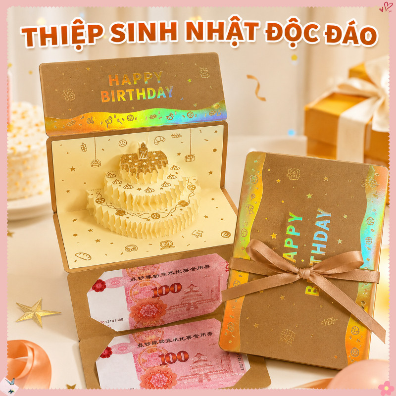 Thiệp Sinh Nhật 3D âm Nhạc ánh Sáng – Thiết Kế Bánh Kem, Khắc Giấy Sáng Tạo, Kèm Bao Lì Xì, Quà Sinh Nhật Trẻ Em