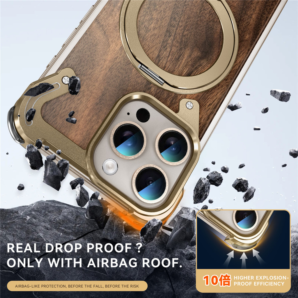 Hợp Kim Nhôm Điện Thoại Di Động Ốp Lưng Cho Funda iPhone 17 Pro Max 16 Pro Max 15 Pro Chắc Chắn Gỗ óc chó Kim Loại Đứng Cho Bao Da