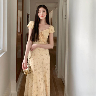 Nova-Váy hoa nhí dáng dài tay ngắn in ren phong cách hàn quốc