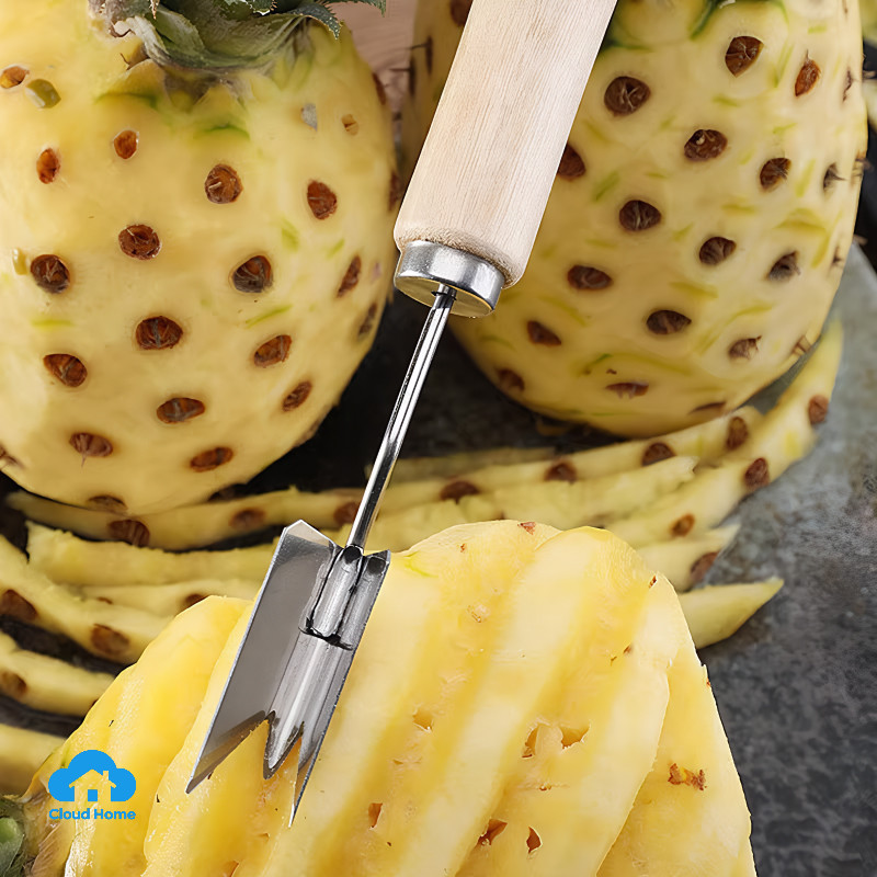 Dụng cụ gọt mắt dứa bằng thép không gỉ, cán gỗ, hình chữ V, hiệu quả.