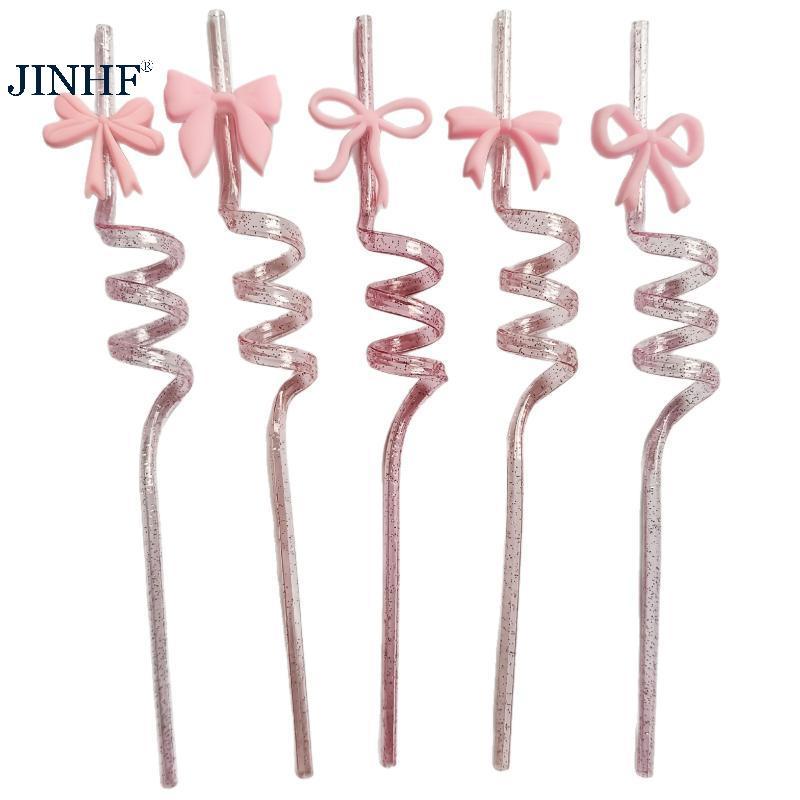 JINHF Long Lanh Nơ Màu Hồng Ống Hút Có Thể Tái Sử Dụng Uống Trang Trí Tiệc Cưới Sinh Nhật Bàn Cung Cấp 5 Bộ HOT