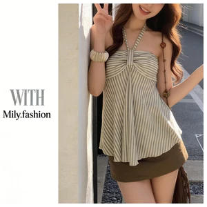 Milyfashion Phiên Bản Hàn Quốc Phong Cách Mới Pure Desire Sọc Dây Thắt Lưng Mùa Hè Mặc Ngoài Cô Gái Nóng Halter Không Tay Slim-fit Ôm Hơn Nhìn Ngắn Top