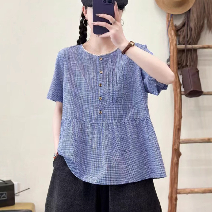 [Sẵn Sàng] Áo Sơ Mi Nữ Sợi Cotton Cao Cấp Mùa Hè Mới Ren Kẻ Sọc Hàn Quốc Cổ Tròn Tay Ngắn Rời Áo Sơ Mi Thường Ngày