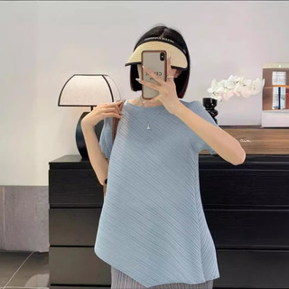 Miyake Xếp Ly Nữ Nữ Tay Ngắn Không Đều Áo Sơ Mi Nữ Niche Thiết Kế Top Không Tay Top Nữ Mùa Hè Phong Cách Lười