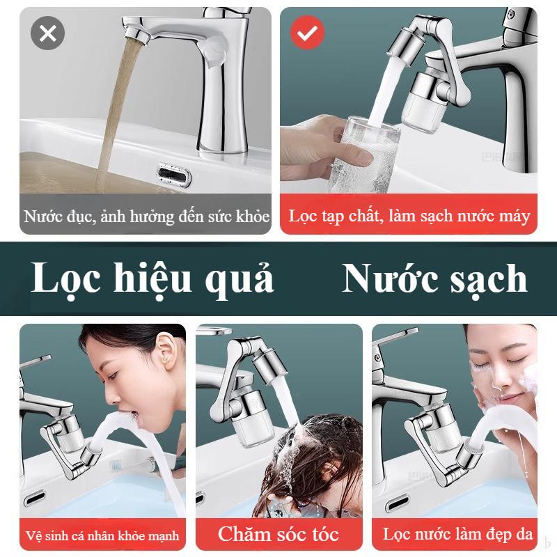 Đầu Lọc Nước Cho Vòi Bồn Rửa Mặt - Tay Xoay 3 Chiều 1440°, Chất Liệu Đồng Thau Cao Cấp, Tăng Áp Mạnh, 2 Chế Độ Phun