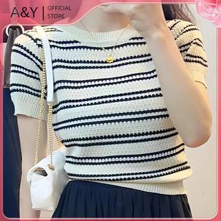 A & Y Mùa Hè Mới Thời Trang Sọc Tay Ngắn Màu Trơn Đa Năng Giảm Tuổi Áo Thun Dệt Kim Giảm Béo Hàng Đầu.