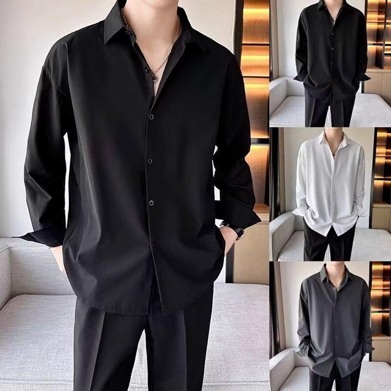 Drape Đen Ice Silk Áo Sơ Mi Tay Ngắn Nam Xù Đẹp Trai Mùa Hè Hợp Thời Trang Thường Ngày Rời Áo Sơ Mi Trắng Áo Khoác Top Chống Nhăn PI9I