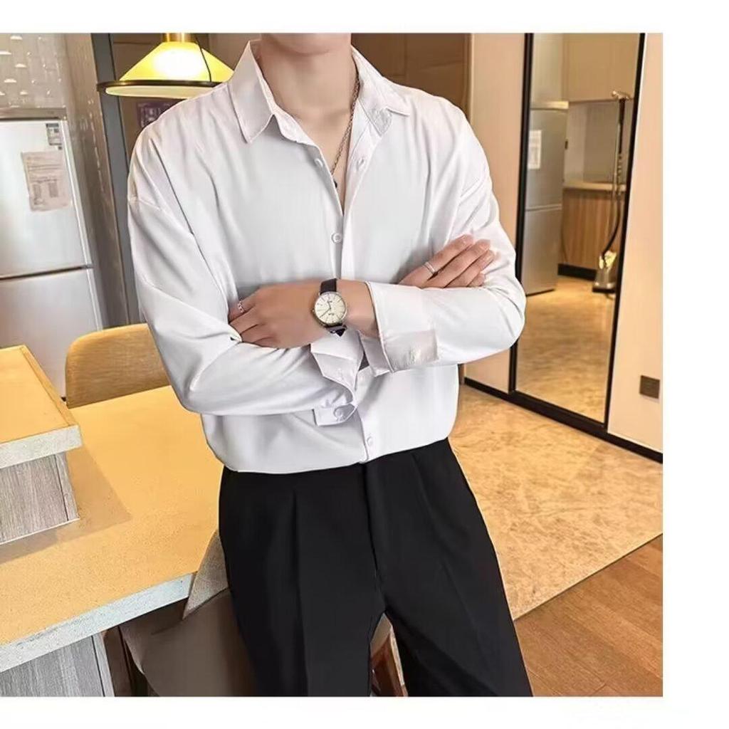 Drape Đen Ice Silk Áo Sơ Mi Tay Ngắn Nam Xù Đẹp Trai Mùa Hè Hợp Thời Trang Thường Ngày Rời Áo Sơ Mi Trắng Áo Khoác Top Chống Nhăn PI9I