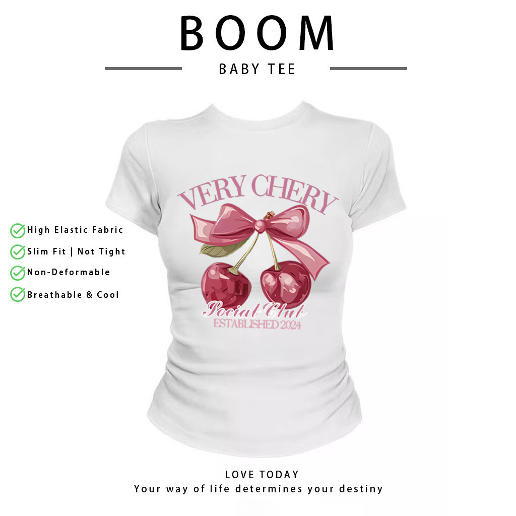 BOOM Áo Baby Tee Nữ Cotton Ôm Body-Áo Thun Ngắn Tay Y2K In Hình PhongCách Mùa Hè, Cổ Tròn Hàng Đầucách hàn quốc phongC39
