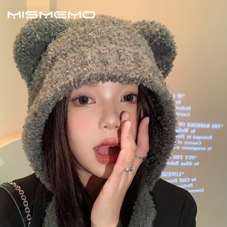 MISMEMO Tai Gấu Dễ Thương Mũ Len Nữ Thu Đông Đầu Lớn Chu Vi Mặt Nhỏ Mũ Dệt Kim Phiên Bản Hàn Quốc Mũ Bảo Vệ Tai Ấm Áp
