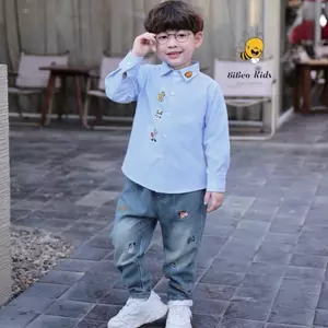 ÁO SƠ MI XANH THÊU HÌNH NGỘ NGHĨNH cho bé trai, Áo sơmi dài tay cho bé trai