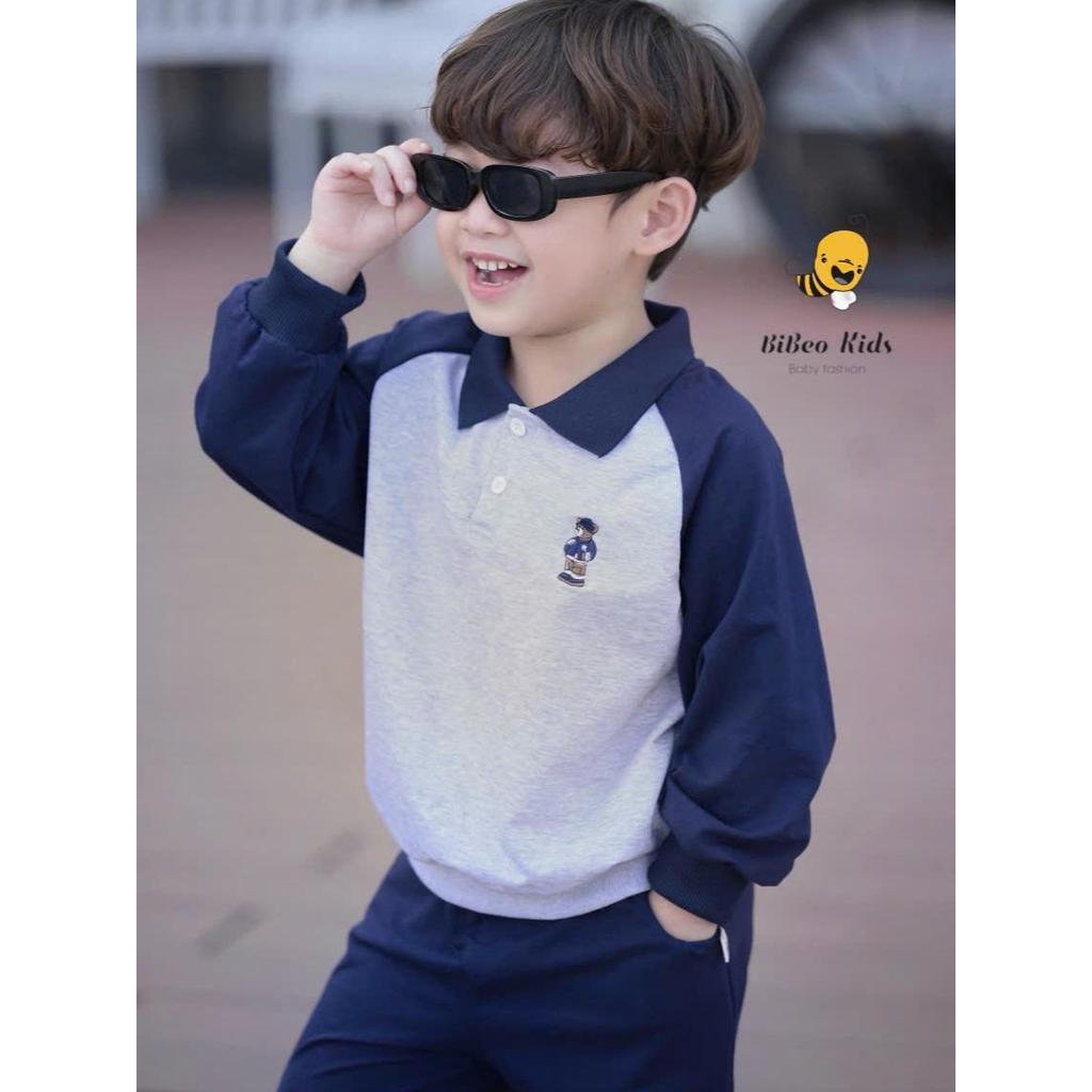 [BiBeo Kids] Bộ Quần Áo POLO THU ĐÔNG THÊU GẤU  cho bé trai ,Bộ quần áo dài tay cho bé